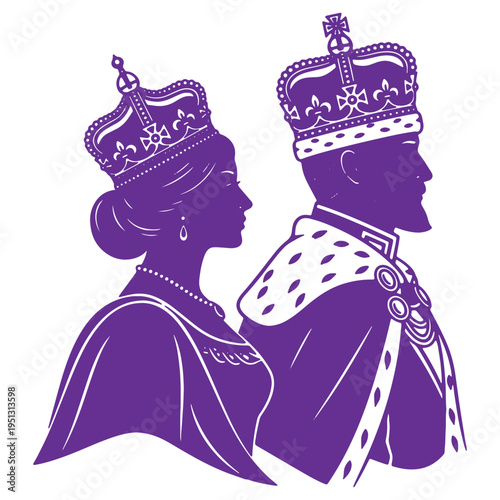 Royal couple silhouette illustration with crown jewels and regal attire isolated on transparent background