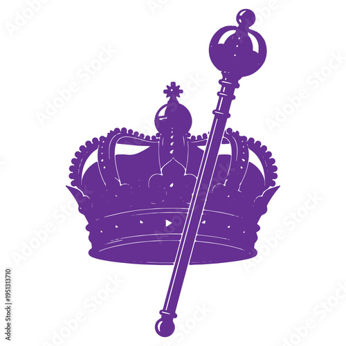 Royal crown and scepter symbolizing monarch power and authority in a regal purple illustration isolated on transparent background