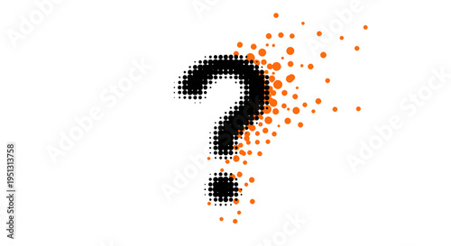 A question mark made of black pixels explodes into vibrant orange dots.