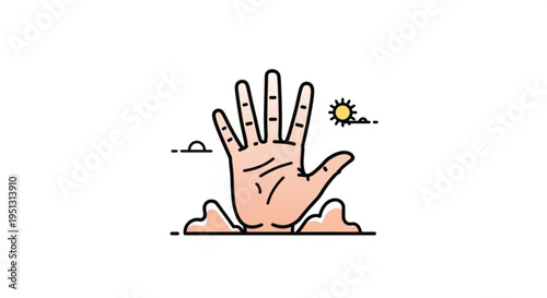 Hand emerging from ground with sunny sky and clouds symbolizing hope and freedom in a simple illustration