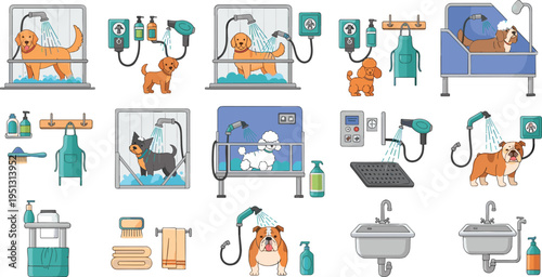 Dog grooming salon equipment and bathing process with pets shower washing vector illustration set