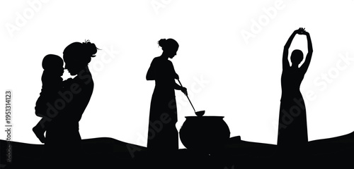 Silhouette of women in rural daily life showing motherhood cooking and stretching traditions against minimalist landscape black and white cultural illustration art background