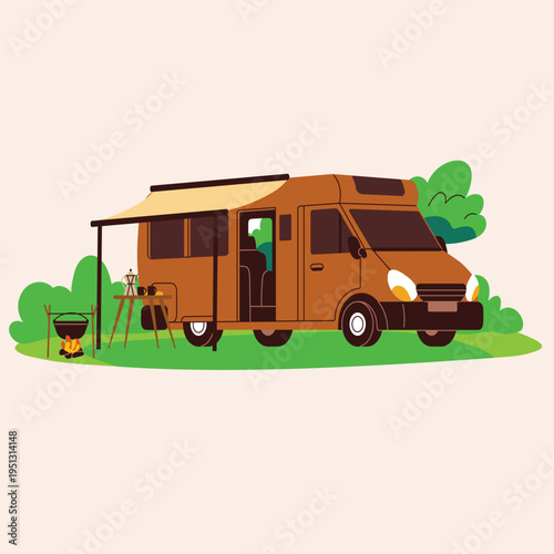 Vibrant illustration of a spacious brown camper van parked in a scenic green area, ready for a fun camping trip with an extended awning, grill, and outdoor setup