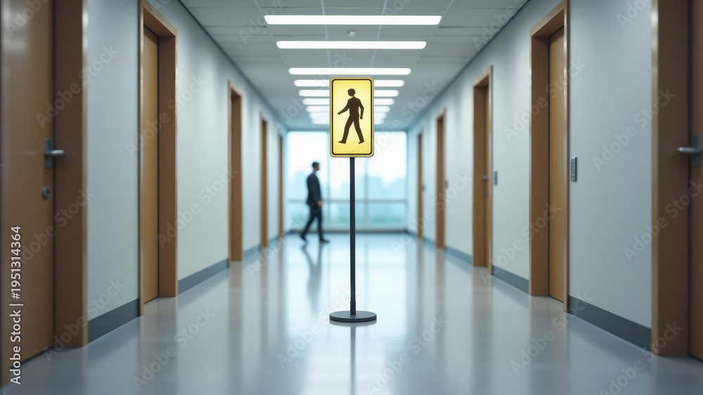 Fototapeta premium long minimalist hallway with pedestrian crossing sign centered in perspective creating strong visual path through modern building corridor