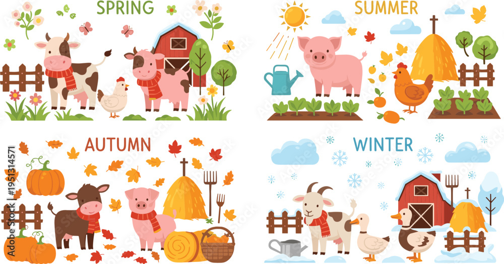Fototapeta premium Farm animals through four seasons spring summer autumn winter countryside farming cartoon vector illustration collection set