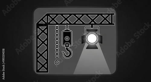Industrial crane with hook and spotlight on dark background construction site lighting equipment