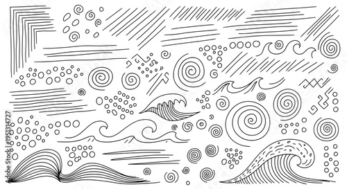 The illustration depicts waves and a dolphin swimming amidst various abstract patterns and shapes.