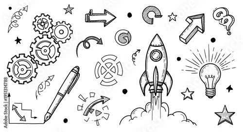 A rocket ship blasts off amidst various creative symbols and gears in a technological illustration.