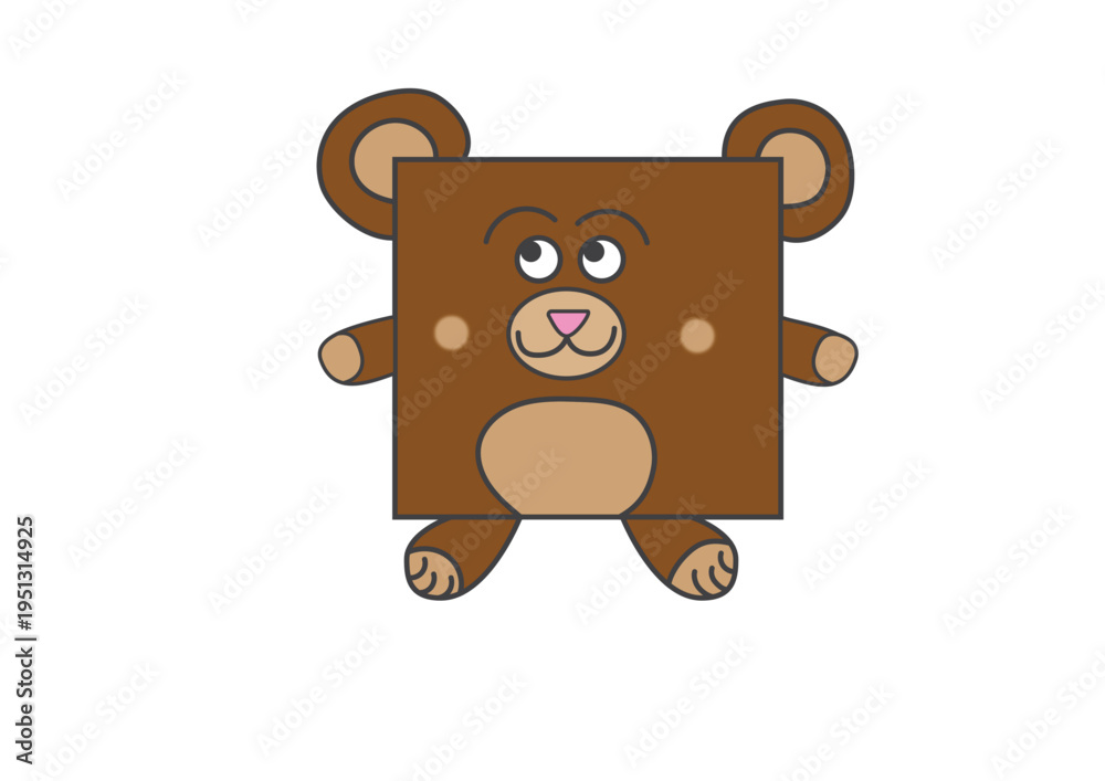 Fototapeta premium Cute Bear Square Shape Cartoon, Geometric Animal for Kids Learning Shapes, Preschool Illustration