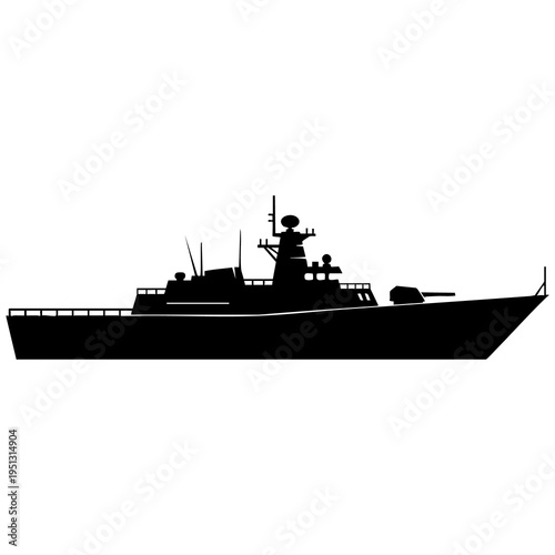 Military warship vessel silhouette at sea with radar and communication towers