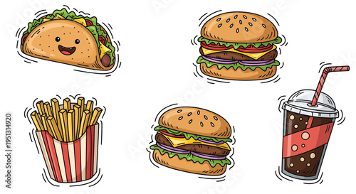 A colorful illustration of a taco, burgers, fries, and a soda on a table indoors.