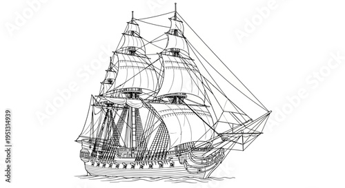 Detailed illustration of a tall ship sailing isolated on a white background