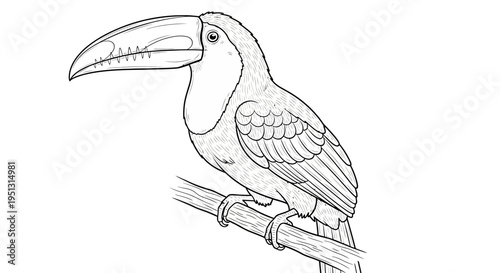 Black and white illustration of a toucan bird perched on a branch