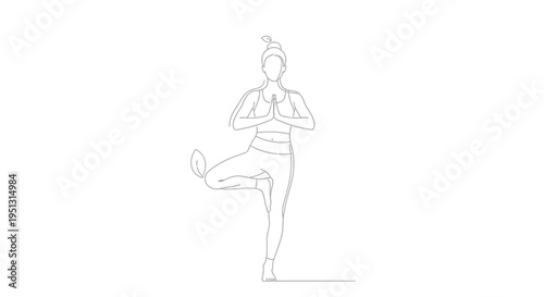 Woman practicing yoga tree pose minimalist line art on white background