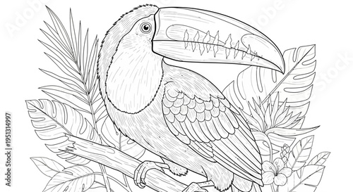 Black and white illustration of a toucan bird on branch with tropical leaves