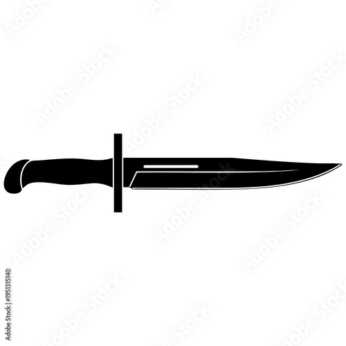 Black knife with handle and guard on white background sharp blade