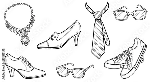 Fashion accessories arranged on a surface including shoes and eyewear