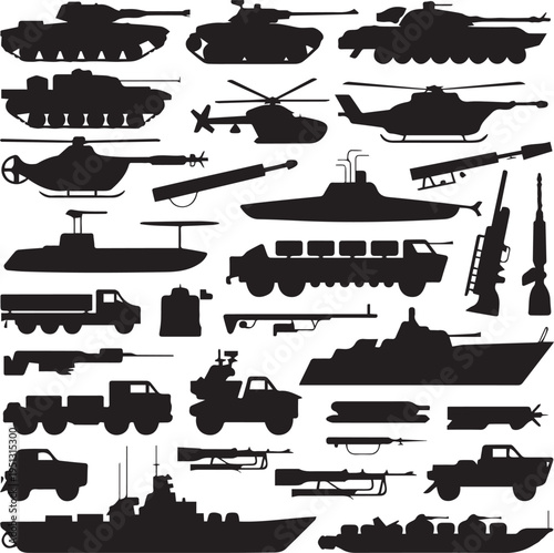 Black silhouette of various transportation modes and vehicles desi