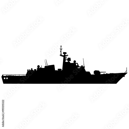 Silhouette of a military warship with radar and communication towers on a white background representing naval power and defense