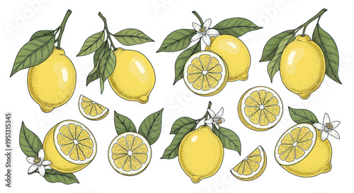 Hand Drawn Lemon Collection: Whole Fruits, Slices, Leaves and Blossoms