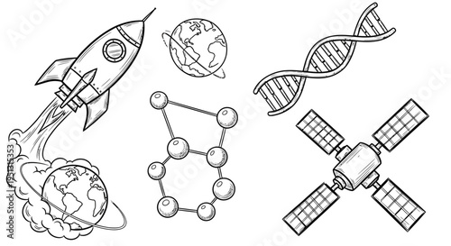 A rocket launches into space near a satellite DNA and molecular structures orbiting Earth