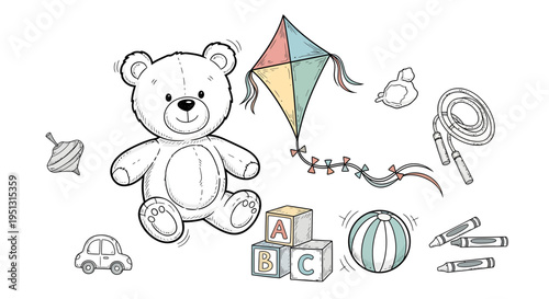 A teddy bear plays with a kite and toys on the floor indoors.