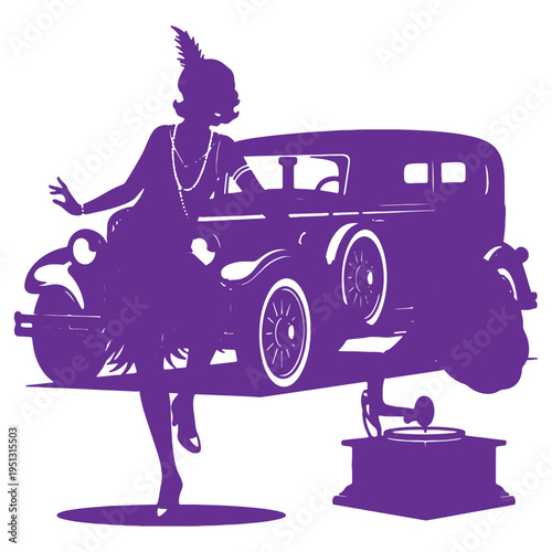 Silhouette of a woman in flapper dress standing near vintage car and gramophone on transparent background