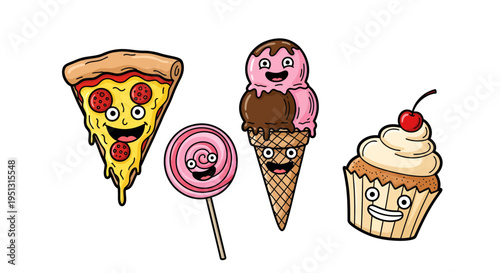 Colorful cartoon desserts and snacks arranged together happily