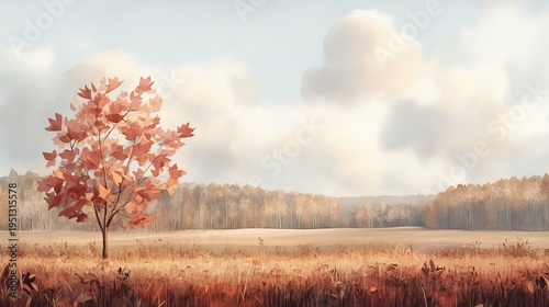 Vibrant Autumn Landscape, Watercolor Painting of Golden Foliage, Scenic Fields and Trees in Fall