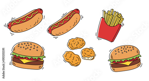 A colorful illustration of various fast food items including hotdogs, burgers, and fries on a table.