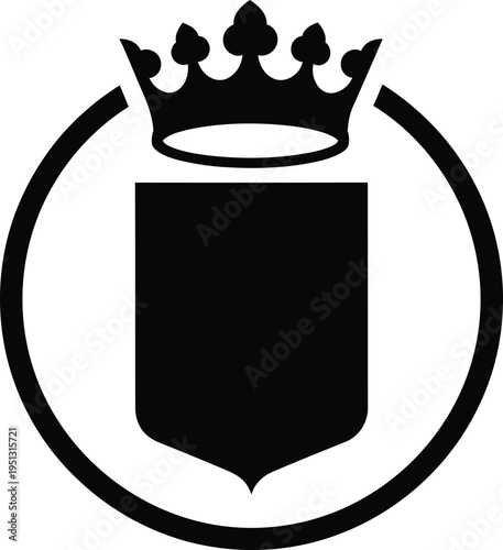 Vector art of a crown above a shield within a circle, symbolizing royalty and nobility in a simple design.