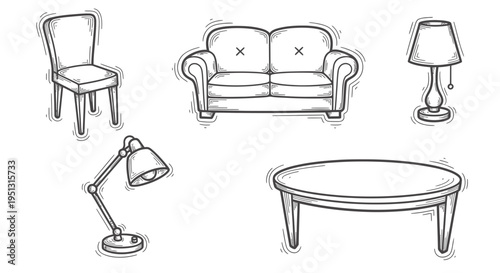 Illustration depicts a living room scene with sofa chair table lamps