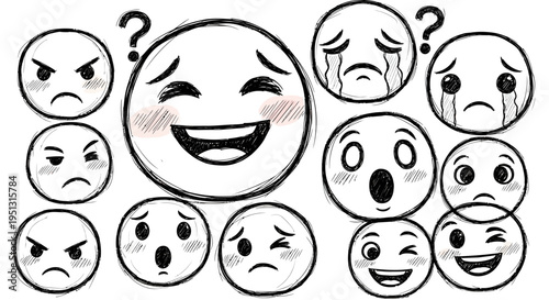 A variety of emoticon faces expressing different Emotions are illustrated in black lines on a white background.