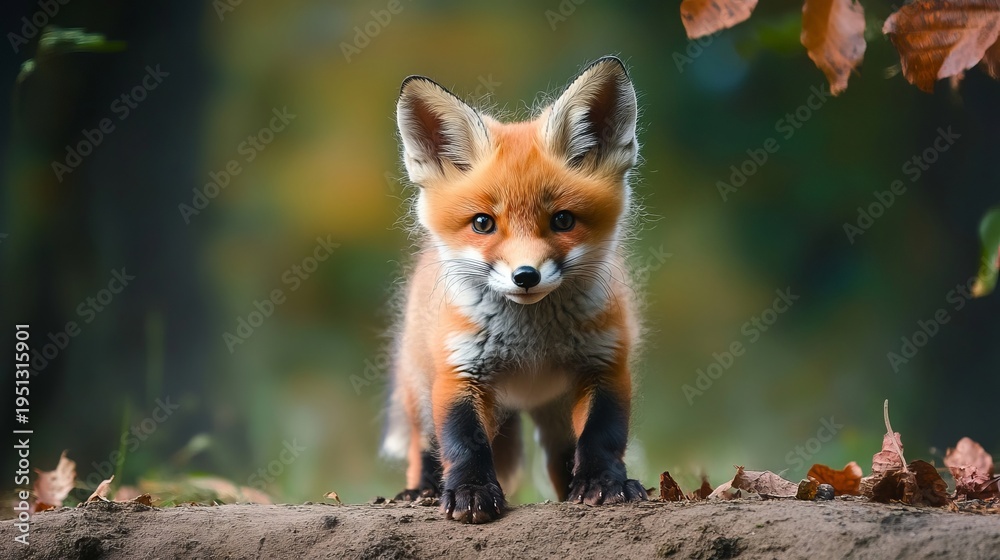 Obraz premium Charming Baby Red Fox Cub Exploring the Lush Green Woods, Cute and Fluffy Wildlife Portraiture
