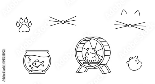 Pets in their homes with wheel and bowl illustrations