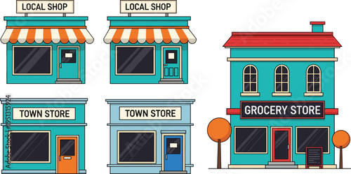 Small local shop and grocery store buildings collection storefront exterior retail business icons set colorful flat vector illustration isolated on white