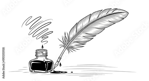 Ink bottle and feather quill drawing on white background for creative design