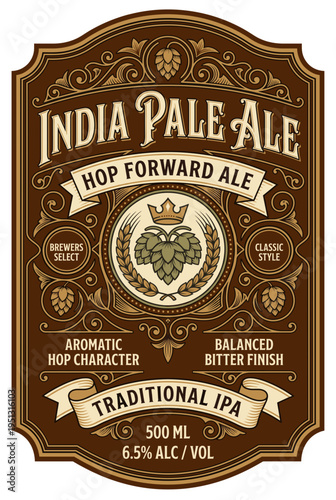 India Pale Ale label design shows hop character and traditional style with clear details for beer packaging