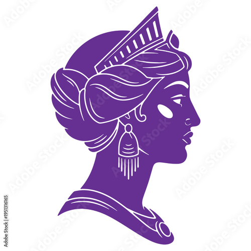 Stylized illustration of womans face in purple profile with ornate hairstyle and jewelry isolated on transparent background