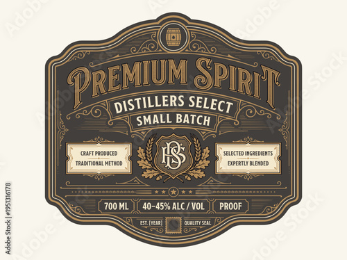 Premium spirit label shows distillers select small batch with details of craft production and method used to create high-quality product