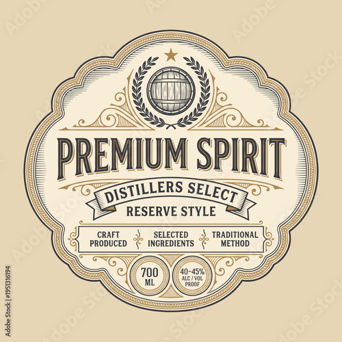Label design for premium spirit featuring distillers select reserve style with details about ingredients and production method