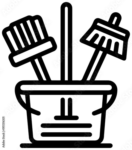 Minimalist vector line art icon representing a cleaning bucket filled with essential tools like a brush and a broom symbolizing household chores tidiness and spring cleaning