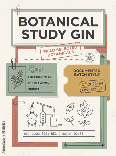 Botanical study gin label showing details of selected botanicals and distillation process for October batch