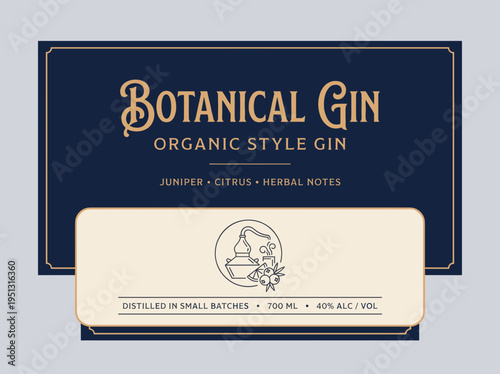 Label design for botanical gin featuring juniper and citrus with herbal notes in organic style