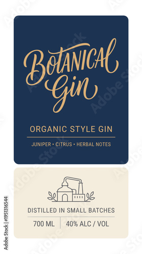Botanical gin label with details on organic style and small batch distillation