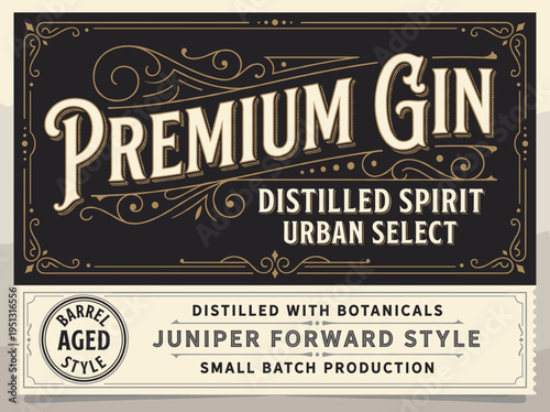 Premium gin label design featuring juniper forward style with a barrel aged touch in an urban setting