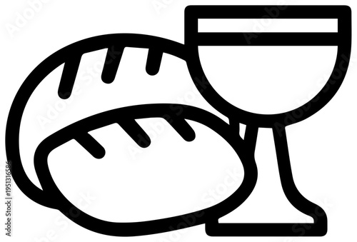 Simple black line art icon representing communion elements featuring a loaf of bread with score marks and a chalice filled with liquid symbolizing sacred meal and religious