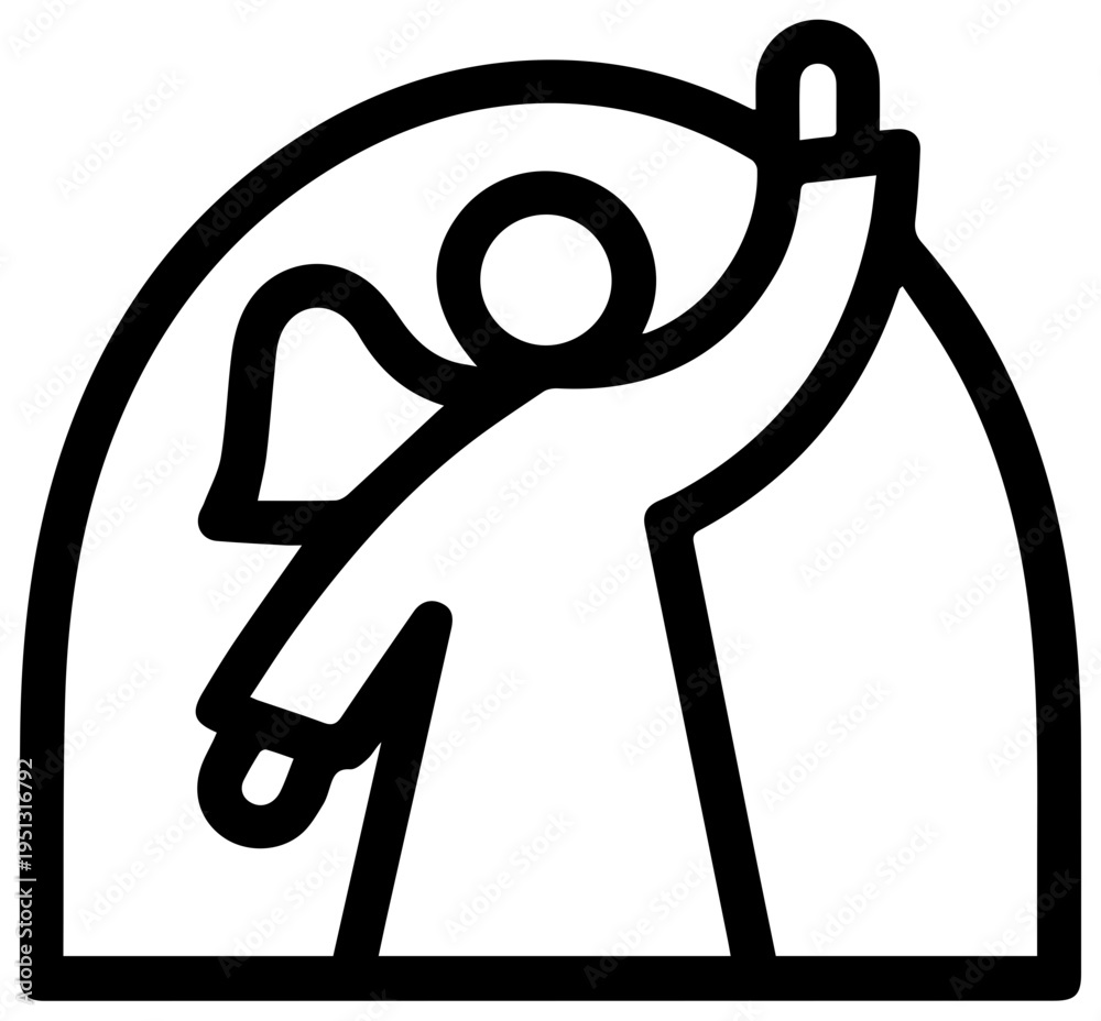 Obraz premium Minimalist line art icon depicting an angelic figure with one arm raised triumphantly symbolizing hope resurrection and divine presence set against a simple arched background