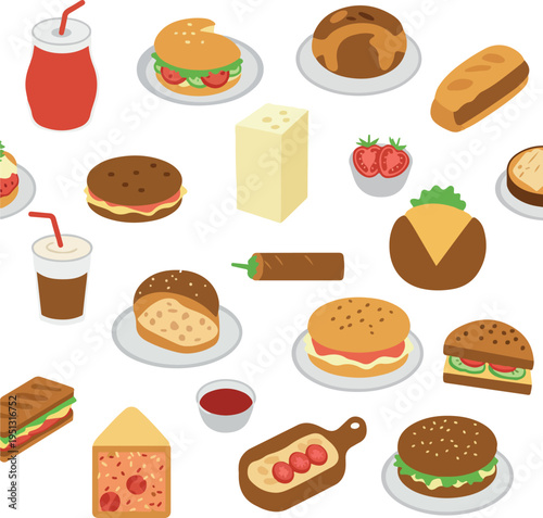 Pixel Art Fast Food Cafe Elements Burger Drink Sandwich Cheese Bread