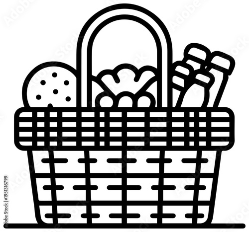 Classic checkered picnic basket overflowing with appetizing food items and drinks presented in a clean minimalist line art style with a white background perfect for summer outings